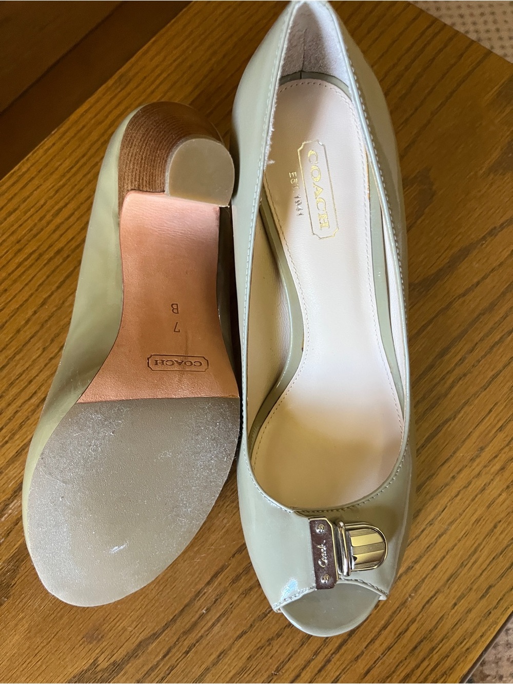 Coach Taupe Patent Leather Peep-Toe Heels with Silver Buckle size 7B - Picture 5 of 6